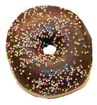 Donut mit Schokoglasur und bunten Streuseln darauf